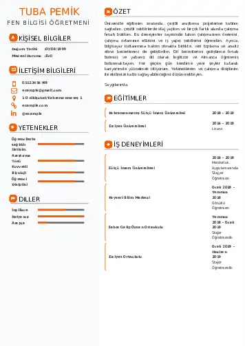 Fen Bilgisi Öğretmeni CV Örnekleri cv indir